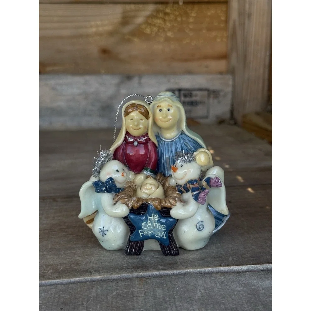 Resin Nativity Scene Christmas Ornament Jesus, Joseph, Mary‎ And Snowmen Angels